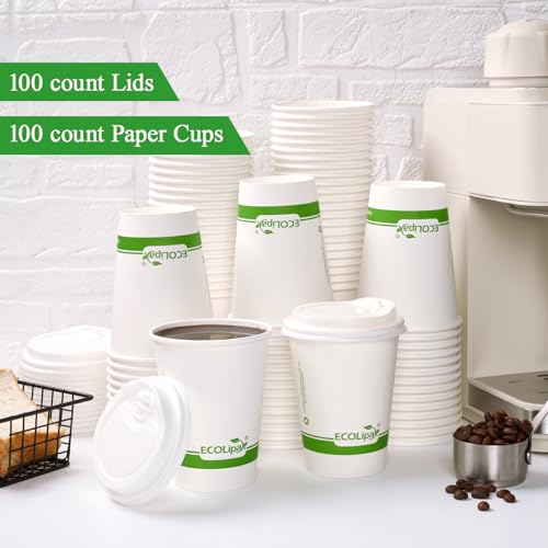 ECOLipak 12 oz Compostable Paper Coffee Cups with CPLA Lid - Pack of 100