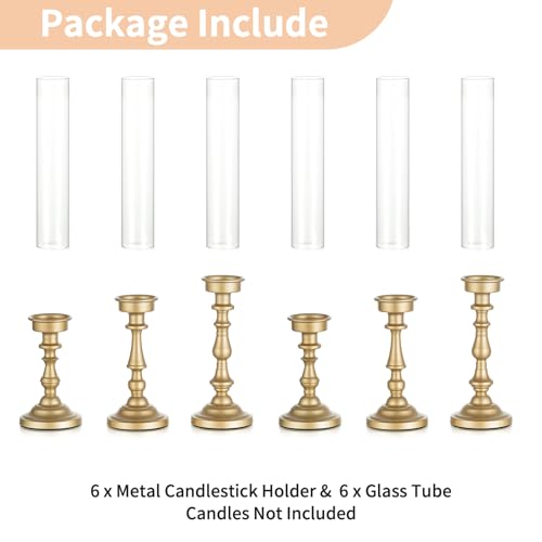 Set of 6 Gold Hurricane Candle Holders with Glass Shades - Vintage Taper Holders