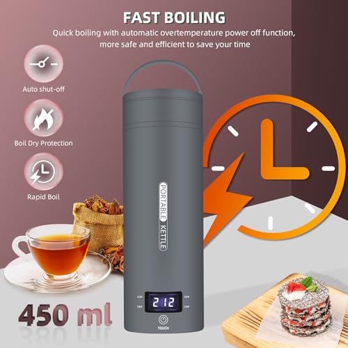 QRAGJBM Grey Portable Electric Travel Kettle 450ml, 4 Temp Settings, Fast Boil