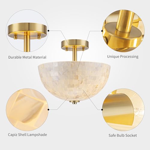 D12" Brass Close to Ceiling Capiz Shell Pendant Light - Coastal Style