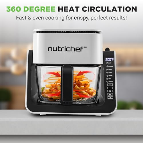 NutriChef 4QT Air Fryer & Indoor Grill - White, 7 Preset Modes, Double-Decker Design