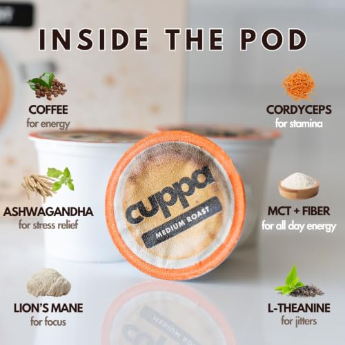Medium Roast Mushroom Coffee Pods with Adaptogens & Superfoods - 48 Count