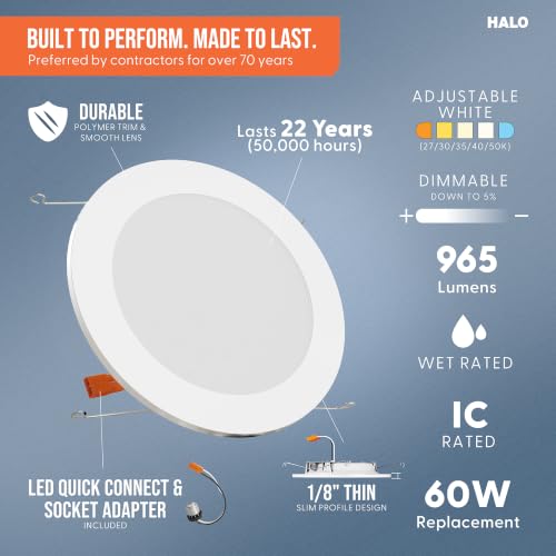 HALO 6 Inch Slim LED Recessed Light Trim Kit 6-Pack 5-CCT Dimmable, Wet Location