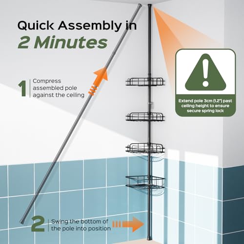 HAMITOR Corner Shower Caddy Tension Pole No-Drill Rustproof Bathroom Shelf - Black