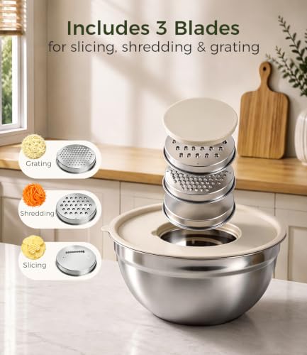 RFAPPMV Beige 6-Piece Stainless Steel Mixing Bowls Set with Lids & Graters