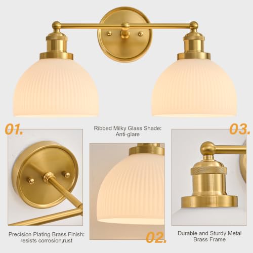 Vintage Milk Glass Bathroom Light Fixtures - Gold 2-Light Vanity Lamp - Anti-Rust Bathroom Wall Sconce - Easy Install