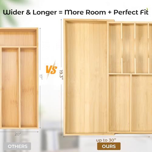 Fabsome Expandable Silverware Organizer Tray 19.3'' Bamboo Cutlery Holder for Large Kitchen Drawers