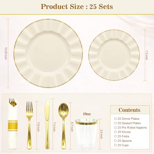 Ivory White Scalloped Plastic Dinnerware Set for 25 Guests - 175 pcs