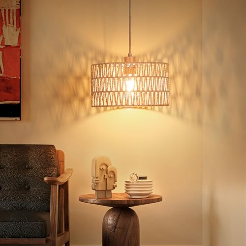 Qingmiao Boho Plug-in Pendant Light with Handwoven Shade - 3-Way Dimmable, 14ft Cord, Cylinder Drum Variant