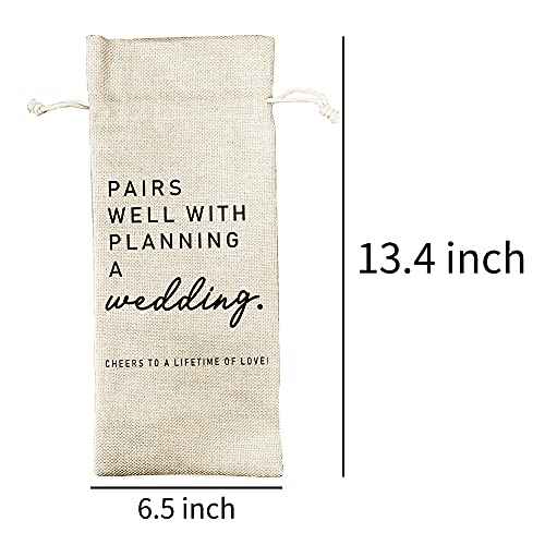 JioJio Chan Pairs Well With Planning a Wedding Wine Bag, Engagement, Funny Personalized Burlap Drawstring Wine Bag for Friend Newlyweds, Wedding Party Decorations (J353)