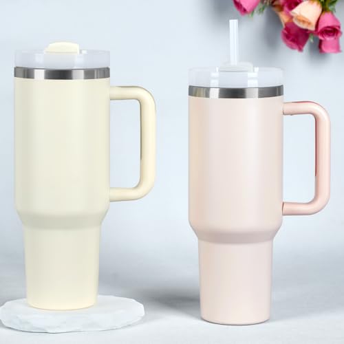 Temolulu 4 Pack 40 Oz Stainless Steel Tumbler with Handle & Lid - Cream, Purple, Green, Rose Quartz