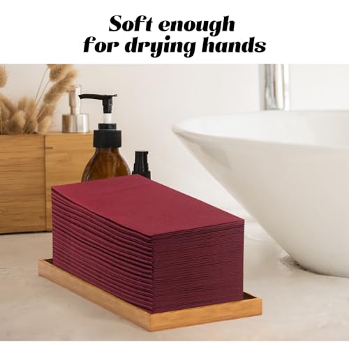 KAMMAK Burgundy Red Disposable Cloth-Like Paper Dinner Napkins 16.5x16.5 Inch - 100 Pack with Pocket for Party Wedding Dining
