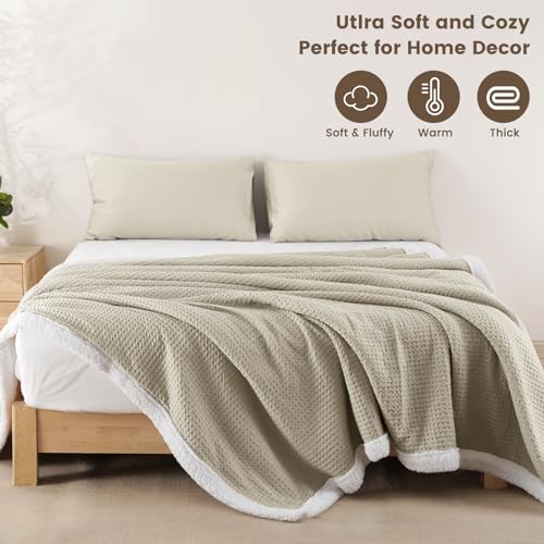 PHF Waffle Sherpa Blanket Queen Size, 90x90 Inches Luxury Plush Flannel Fleece Blanket for Winter, No Shed No Pilling, Cozy Soft & Reversible Waffle Weave Bedding for Home Decor, Khaki