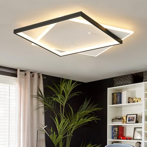 Square 1 Light Modern LED Ceiling Light Fixture - Dimmable Flush Mount 22" Black Bedroom Lighting with Remote