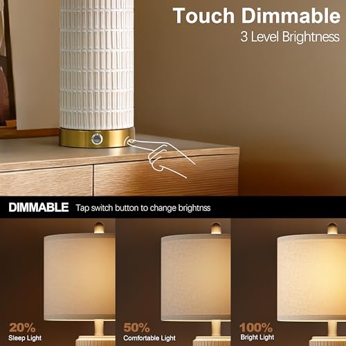 PoKat Touch Bedside Table Lamps with 2 USB Ports - Beige & White, 25 Inch