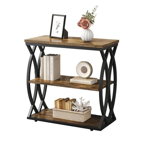 Narrow 3-Tier End Table with Rustic Brown Wood Top and Metal Frame for Small Spaces