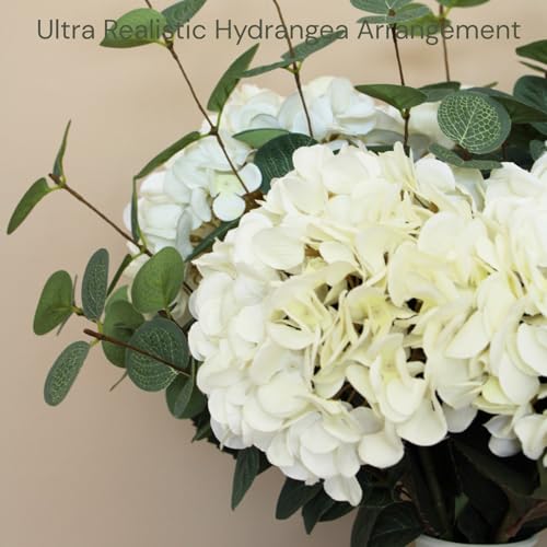 RyddeligHome White Faux Hydrangea & Eucalyptus Floral Arrangement for Vase — Real Touch Artificial Flowers for Home Decor