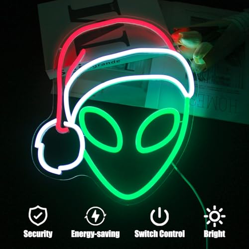 CKTBLEY Christmas Alien Neon Sign with Santa Hat (Red, Green, White) USB LED for Bedroom Decor