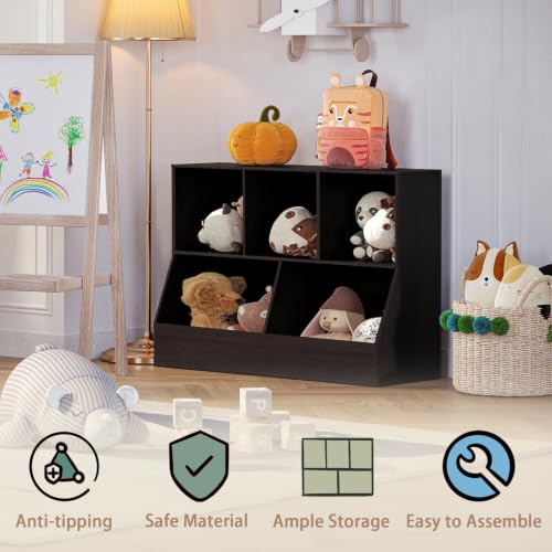 DINZI LVJ 2-Tier Toy Storage Organizer with Bookshelf, 43.3" Espresso Kids Cubby Cabinet