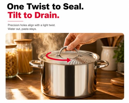 Cooler Concepts Stainless Steel Pasta Pot with Locking Strainer Lid - 5.5 Quart