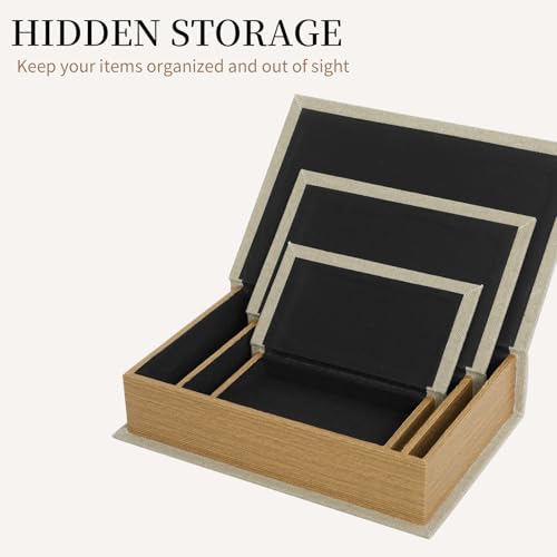 Decorative Book Boxes Set of 3,Modern Faux Linen Hidden Storage, Warm
