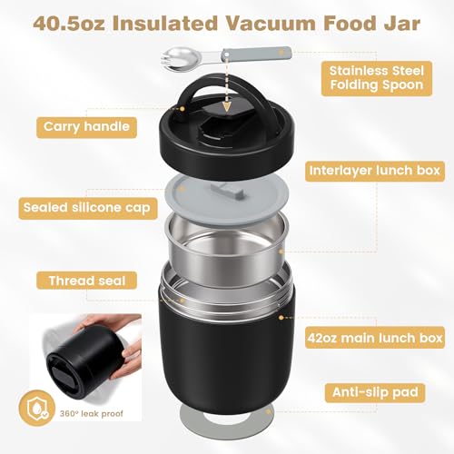 CMKPL Black Insulated Food Thermos 40.5oz with Spoon & Handle for Hot Meals