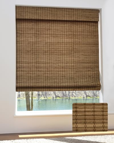 UNISHADES Room Darkening Bamboo Roman Shades with Valance - Highfield Teak, 34.5" W x 64" H (Variation: Room Darkening)