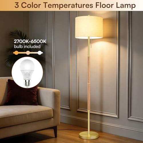 Wood Color Floor Lamp with Linen Shade - Natural Wood, 13.2 Inch for Bedroom