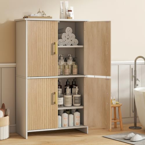 Tltaroni White Bathroom Storage Cabinet - Tall Freestanding with 4 Fluted Doors & Adjustable Shelves, Modern Wooden Design