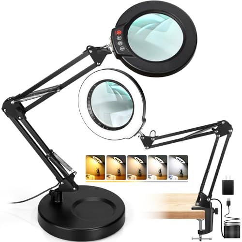 12X Magnifying Glass with Light & Stand - Black, 17.8-inch Clamp & Base, Dimmable LED