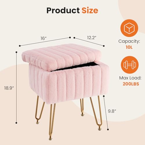 Pink Faux Fur Vanity Stool with Storage - 18.9 Inch Padded Makeup Chair with Adjustable Metal Legs
