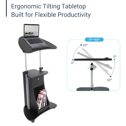 Black Adjustable Height Rolling Laptop Cart with Storage and Locking Casters