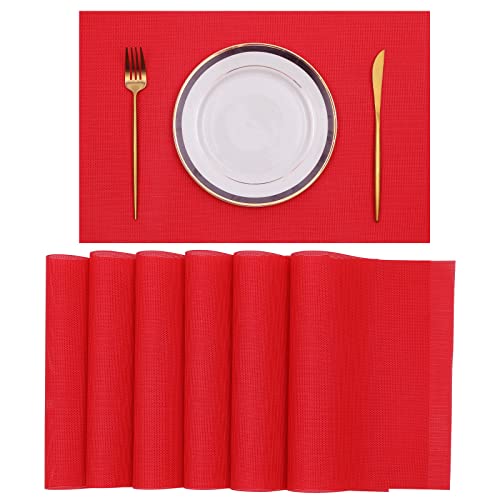 SHACOS Set of 6 Red Woven Vinyl Christmas Placemats - Indoor & Outdoor Table Decor