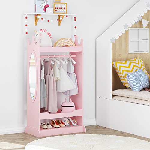 Kids Pink Dress Up Storage Closet with Crown Top & Mirror - Toddler Wardrobe