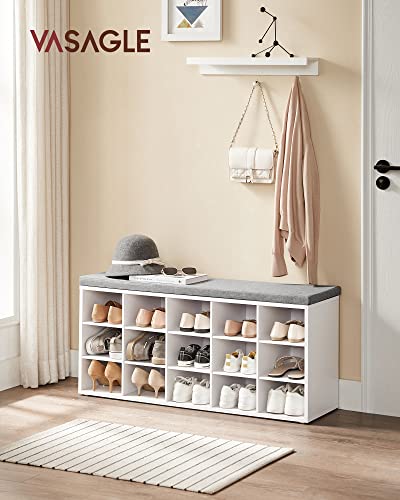 VASAGLE Shoe Storage Bench with Cushion, 15 Cubby Compartments, Cloud White + Dove Gray