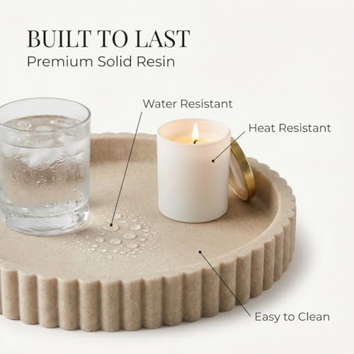 Beige Resin Decorative Round Tray for Coffee Table and Ottomans - Modern Home Decor