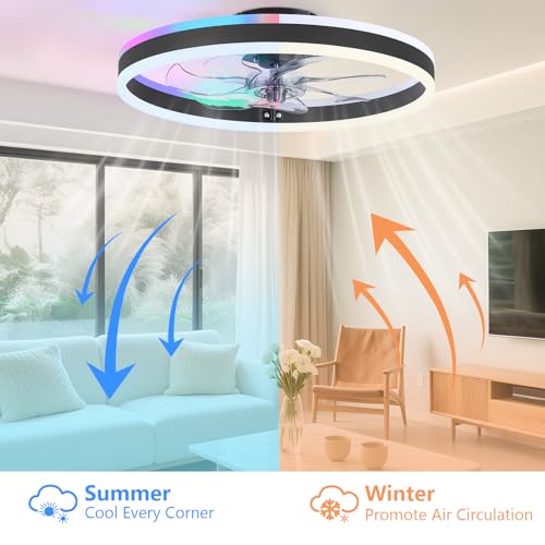 RGB Ceiling Fan with Light - Black Low Profile Flush Mount, Remote & App Control