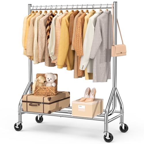 Heavy Duty Rolling Clothes Rack - Silver, 420 LBS Load Capacity, Portable Garment Stand with Lockable Wheels, 63" x 18.9" x 43.3"