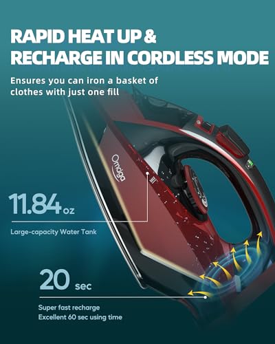 Cordless Steam Iron for Clothes - 1500W, Ceramic Soleplate, Red