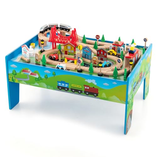 Costzon Wooden Train Table for Kids 32.5 x 23.5 x 16 Inches with 80-Piece Playset, Reversible & Detachable Surface, Multi-Color