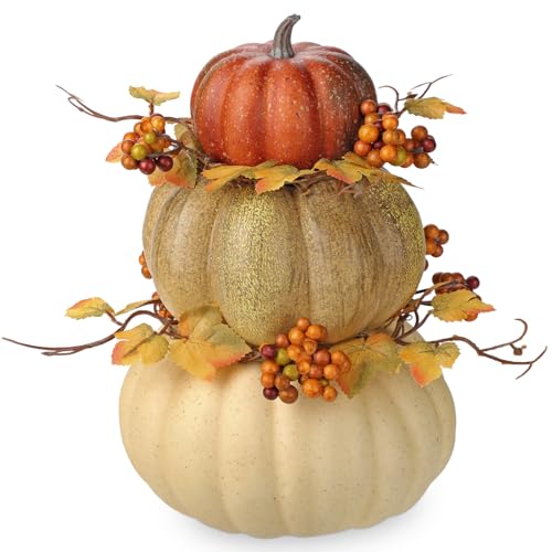 Artificial Pumpkin Fall Décor - Autumn Table Centerpiece with Faux Berries & Maple Leaves - Color #4