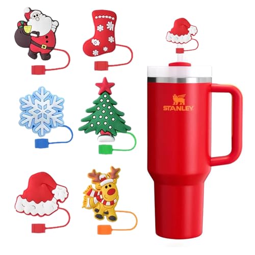 Winter 6-Pack Christmas Silicone Straw Covers for Stanley Cups - Reusable Snowflake Elk Santa Toppers