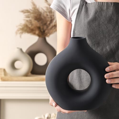 Vanselia Classic Ceramic Vase Set of 3 - Modern Donut-Shaped Table Decor