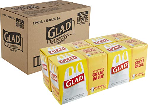 Glad White Handle-Tie Kitchen Trash Bags 13 Gallon - 50 Count (4 Pack)