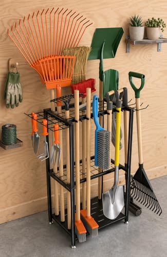 Garden Tool Organizer Stand Black, 3-Tier Metal Yard Rack with 14 Hooks & 50+ Tool Capacity