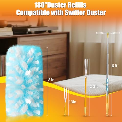 Swilsweep 80 Count Duster Refills with 1 Short & 3ft Extendable Handles, Compatible with Swiffer, Microfiber, Disposable, Unscented, Bulk Kit