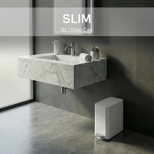 simplehuman 9L Slim Step Trash Can White Steel Bathroom Bin with Lid Shox