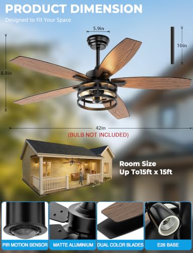Lotsky 42-inch Outdoor Motion Sensor Ceiling Fan with Light & Remote