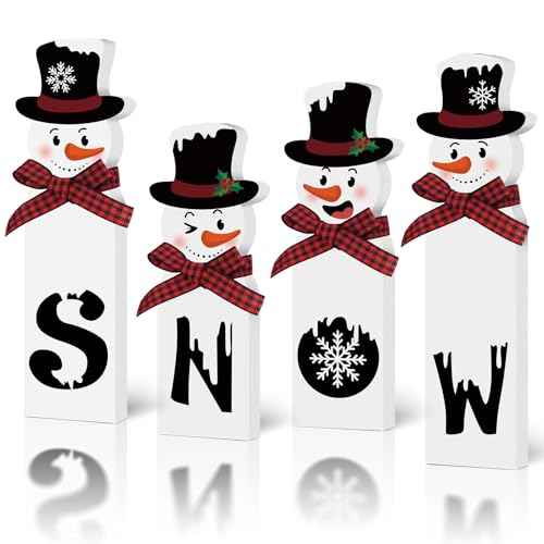 Christmas Snowman Decorations Indoor, Wooden Snowman Block Merry Christmas Sign, Let It Snow Winter Xmas Decor, Cute Xmas Tiered Tray Decorations Table Centerpiece for Mantel Home Holiday Decor