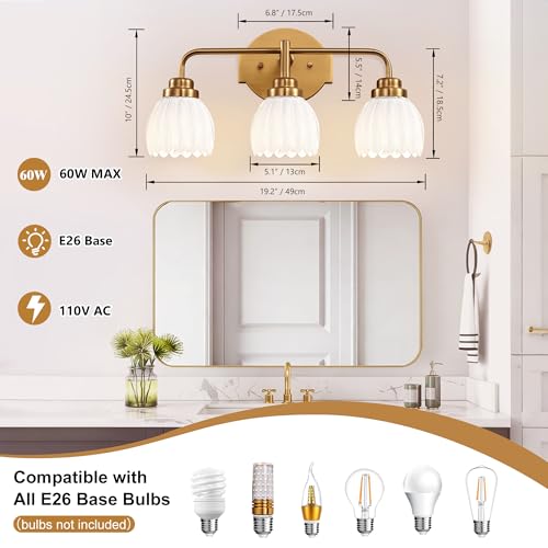 Gold Bathroom Light Fixture 3-Light Vintage Vanity Over Mirror - Brush Gold & Milk, 19.2 Inch